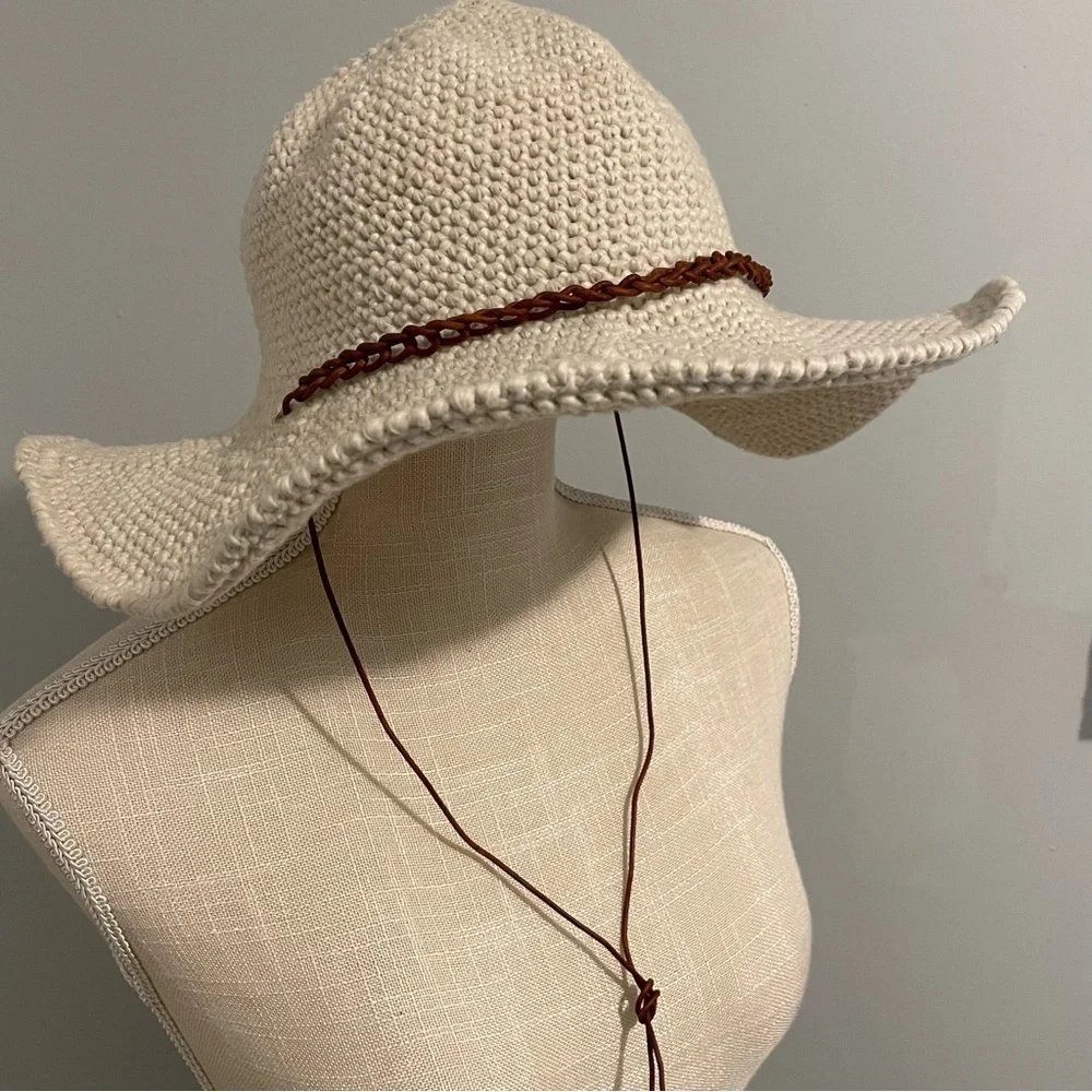 Crocheted Rancher Ivory Hat with Leather Braid Tassel